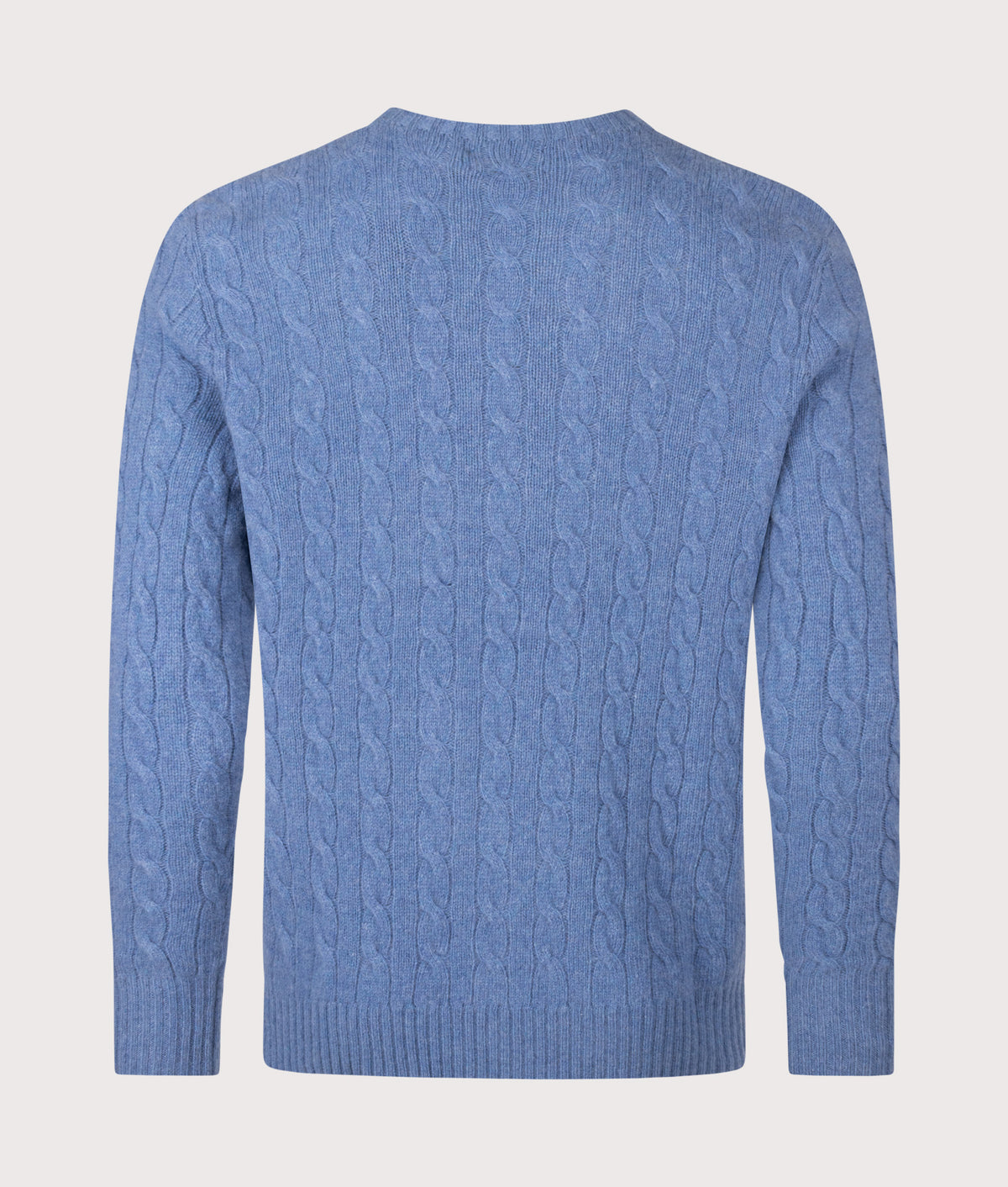 Polo Ralph Lauren Cashmere Blend Cable Knit Jumper in Blue Borage Heather at EQVVS Menswear. Back shot.