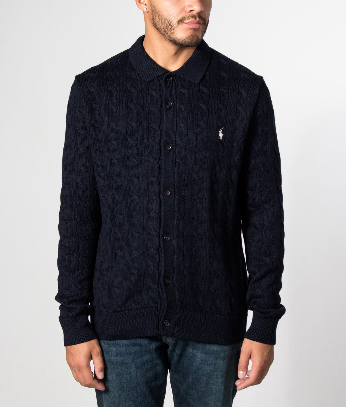 Polo Ralph Lauren Cable Knit Cotton Cardigan in Hunter Navy at EQVVS Menswear. Model front shot.