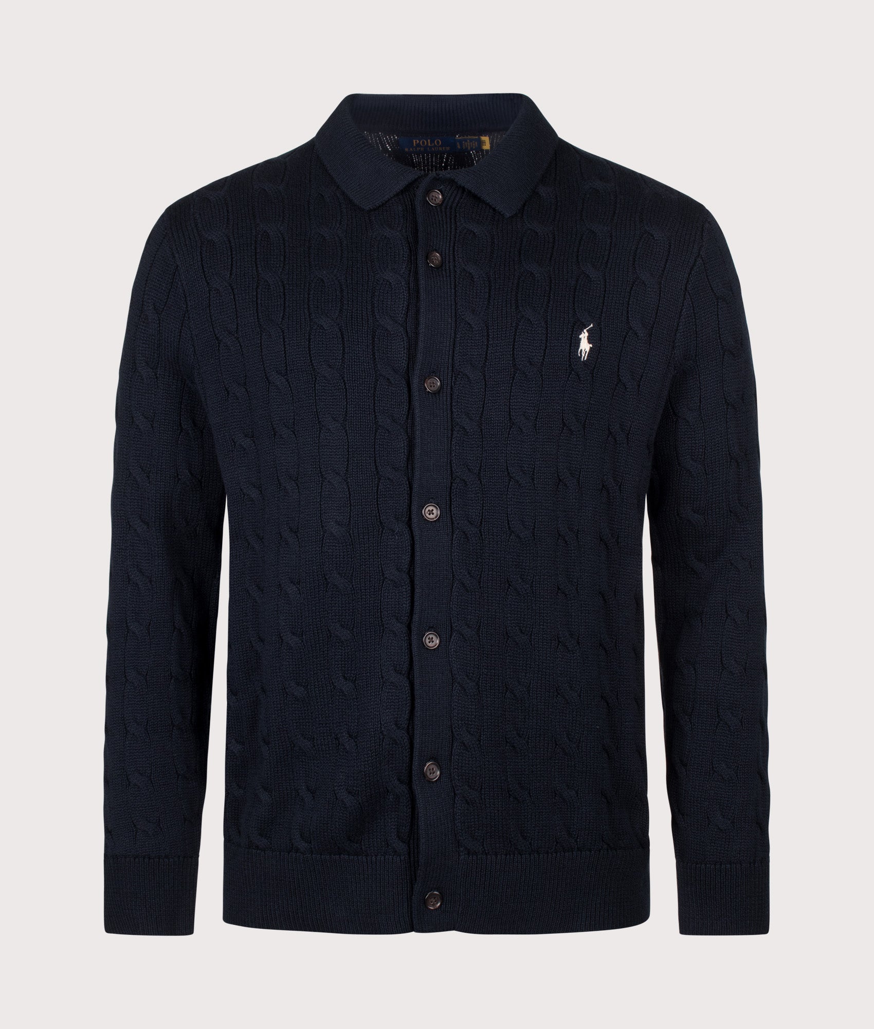 Polo Ralph Lauren Cable Knit Cotton Cardigan in Hunter Navy at EQVVS Menswear. Front shot.