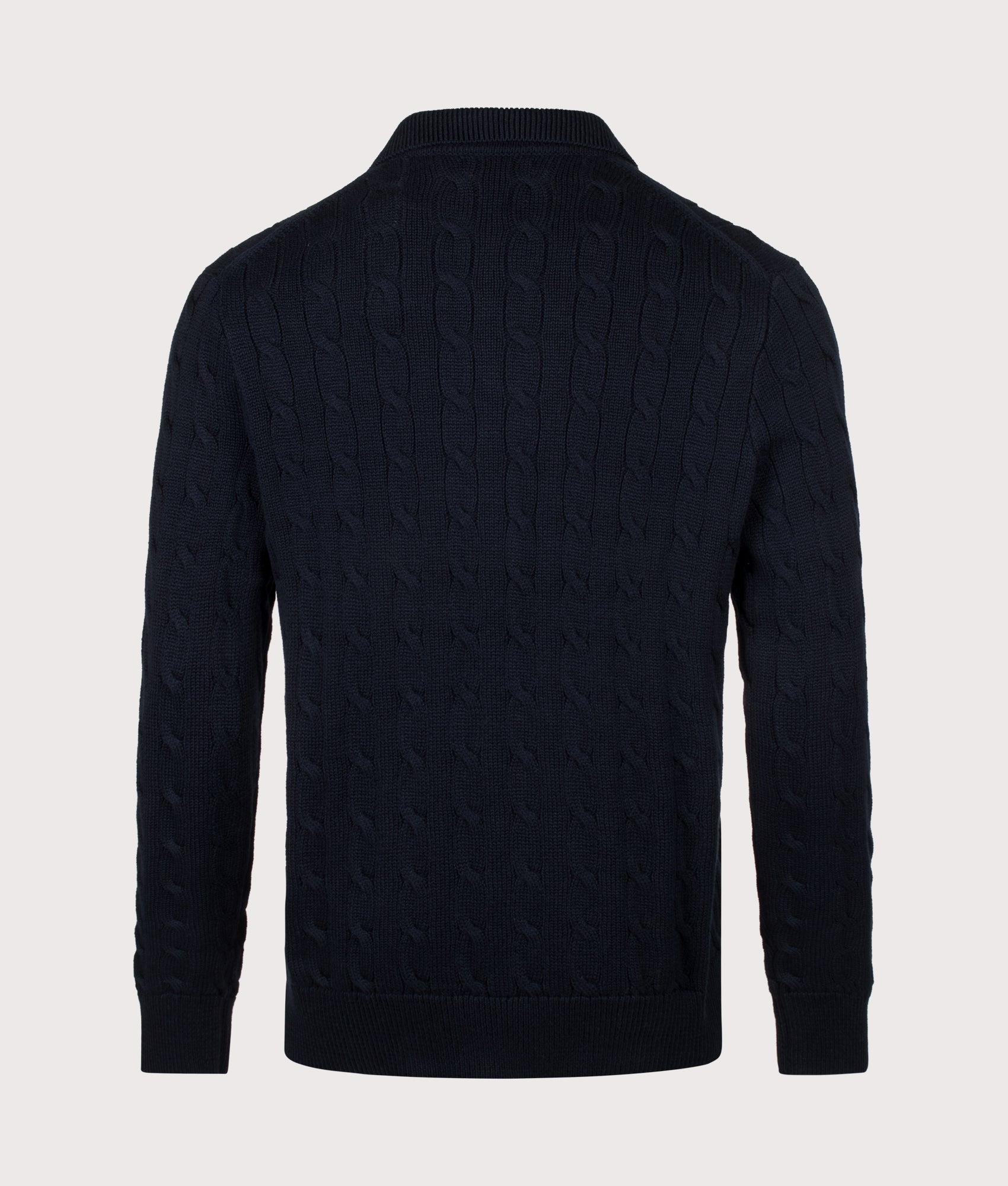 Polo Ralph Lauren Cable Knit Cotton Cardigan in Hunter Navy at EQVVS Menswear. Back shot.