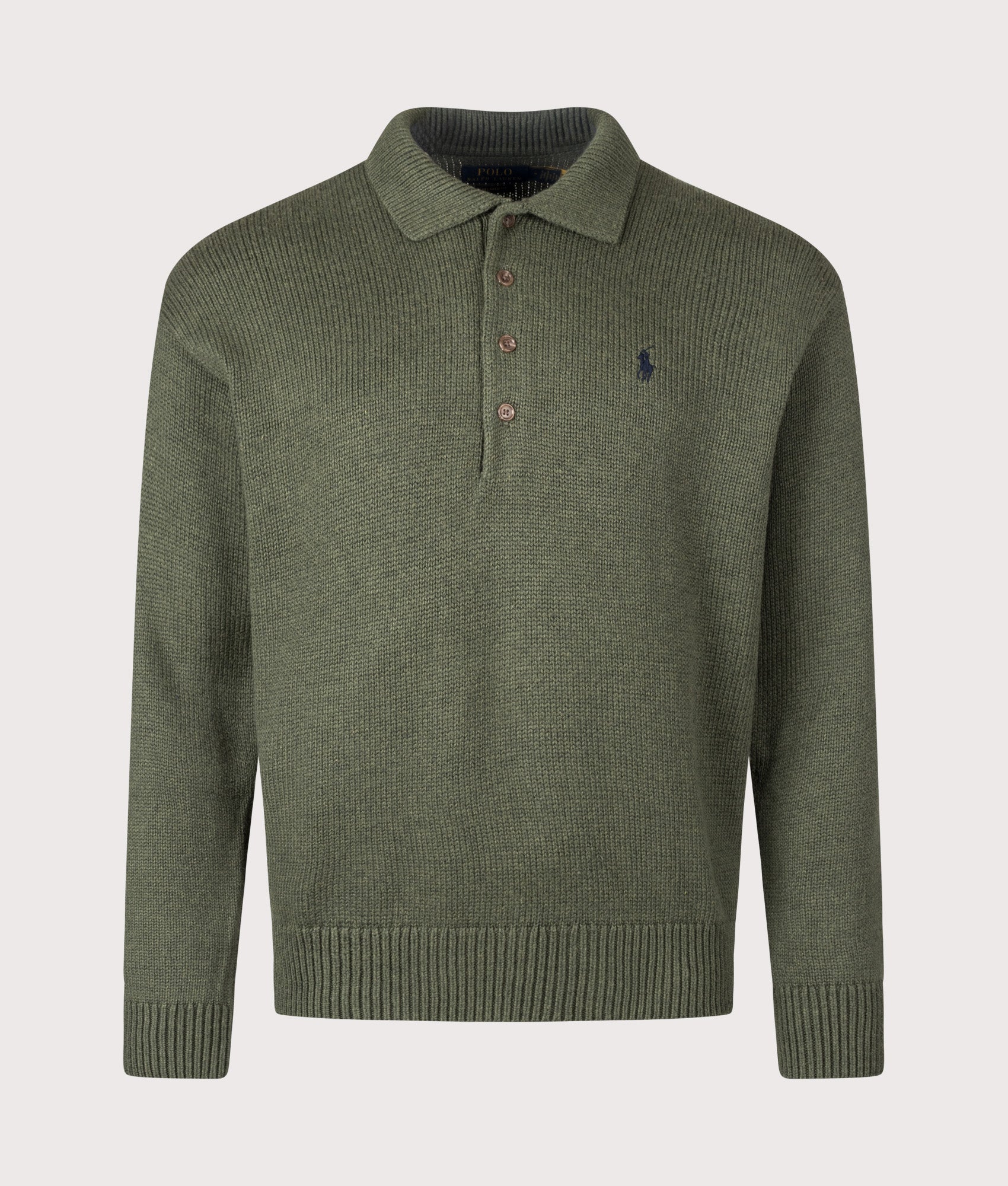 Polo Ralph Lauren Relaxed Fit Knitted Cotton Jumper in Olive Shrub Heather at EQVVS Menswear. Front shot.