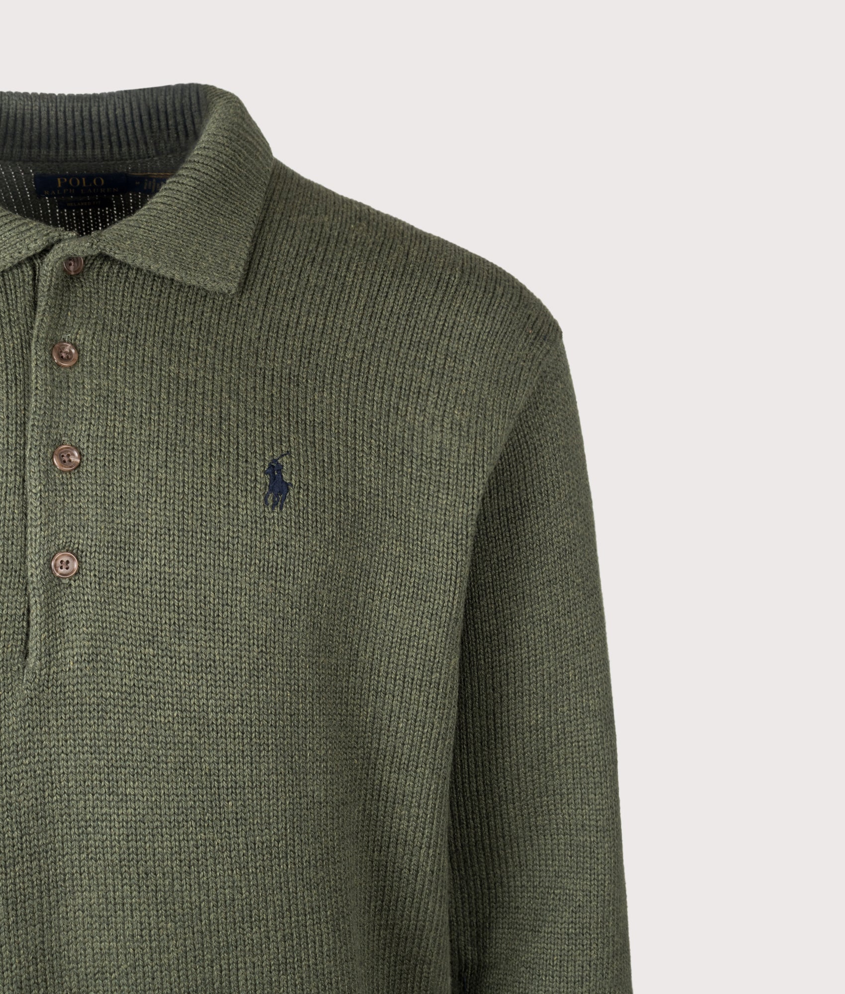 Polo Ralph Lauren Relaxed Fit Knitted Cotton Jumper in Olive Shrub Heather at EQVVS Menswear. Detail shot.