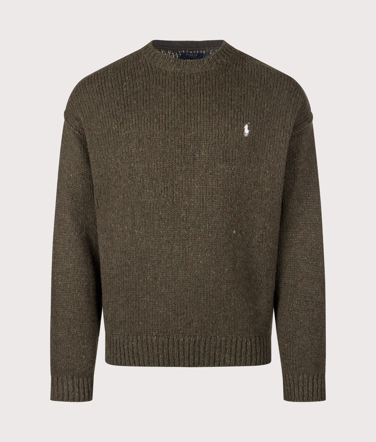 Polo Ralph Lauren Regular Fit Wool Blend Knitted Jumper in Olive Brown Marl at EQVVS Menswear. Front shot.