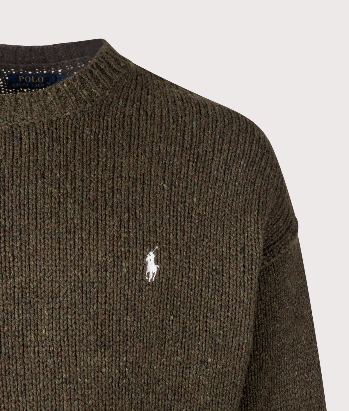 Polo Ralph Lauren Regular Fit Wool Blend Knitted Jumper in Olive Brown Marl at EQVVS Menswear. Detail shot.