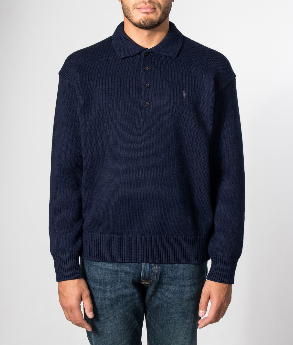 Polo Ralph Lauren Relaxed Fit Knitted Cotton Jumper in Hunter Navy at EQVVS Menswear. Model front shot.
