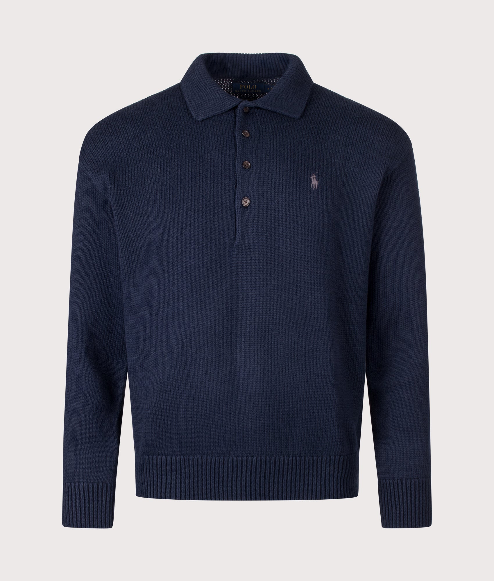 Polo Ralph Lauren Relaxed Fit Knitted Cotton Jumper in Hunter Navy at EQVVS Menswear. Front shot.