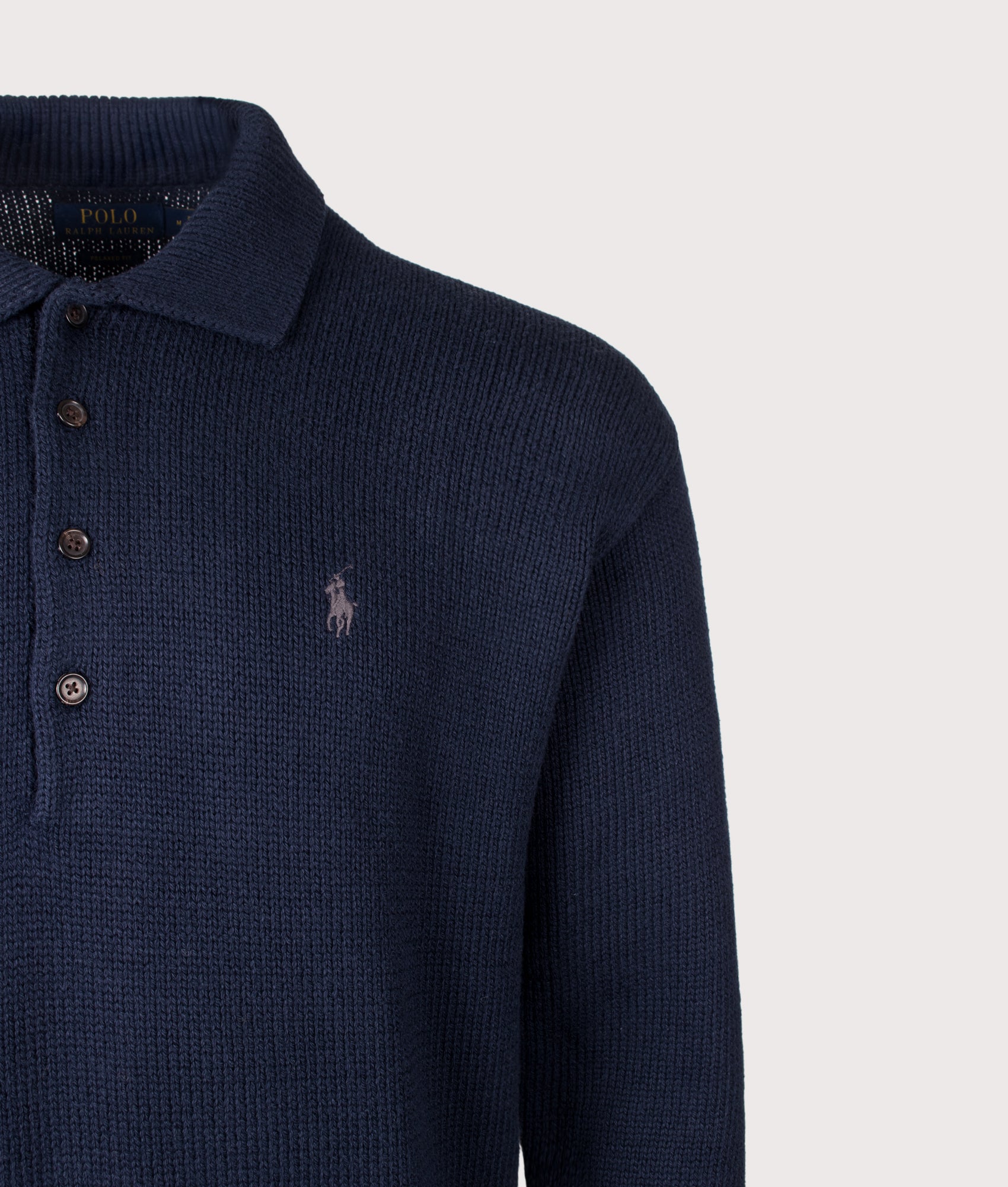 Polo Ralph Lauren Relaxed Fit Knitted Cotton Jumper in Hunter Navy at EQVVS Menswear. Detail shot.