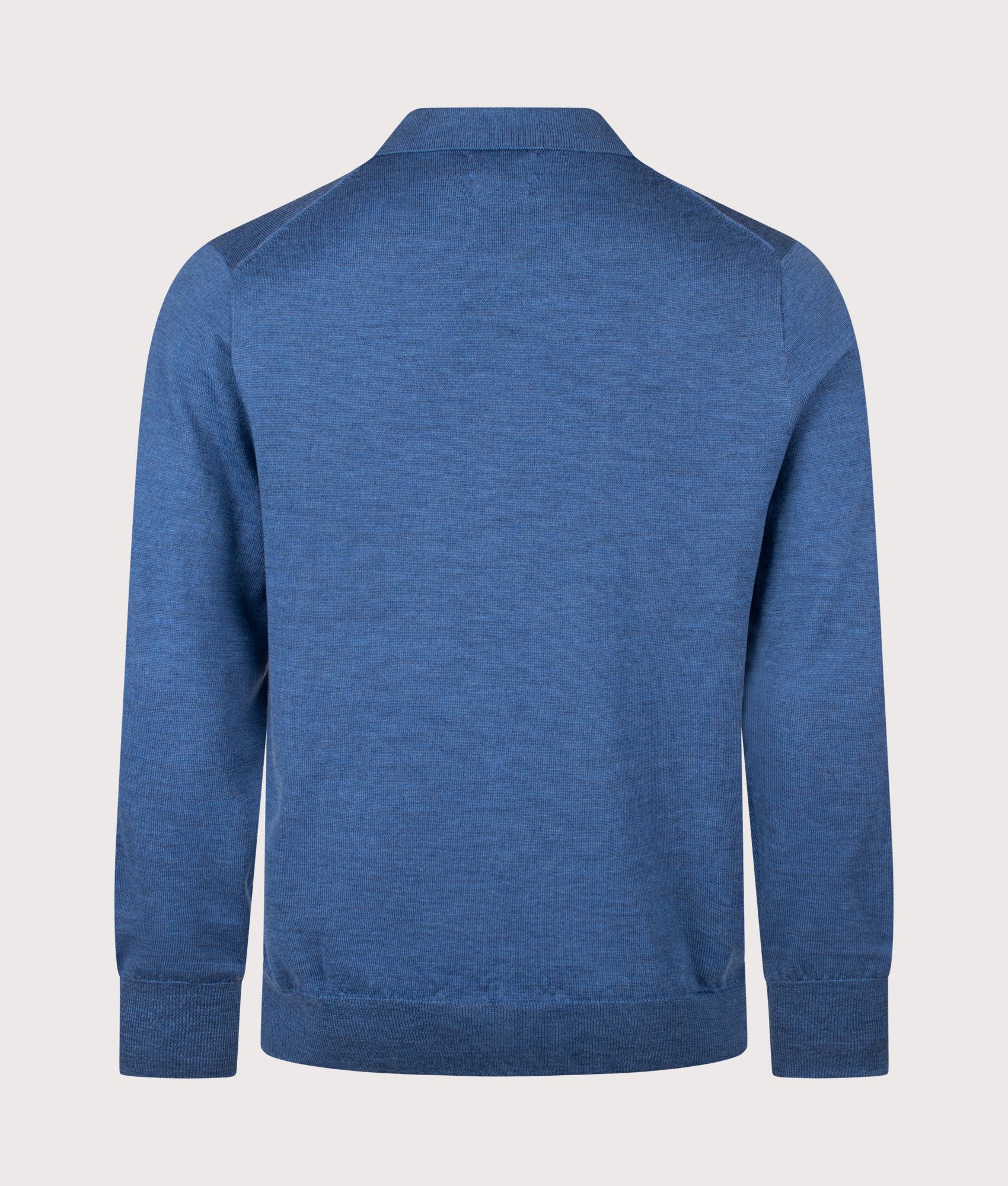 Polo Ralph Lauren Regular Fit Knitted Long Sleeve Polo Shirt in Clarity Blue Heather at EQVVS Menswear. Back shot.