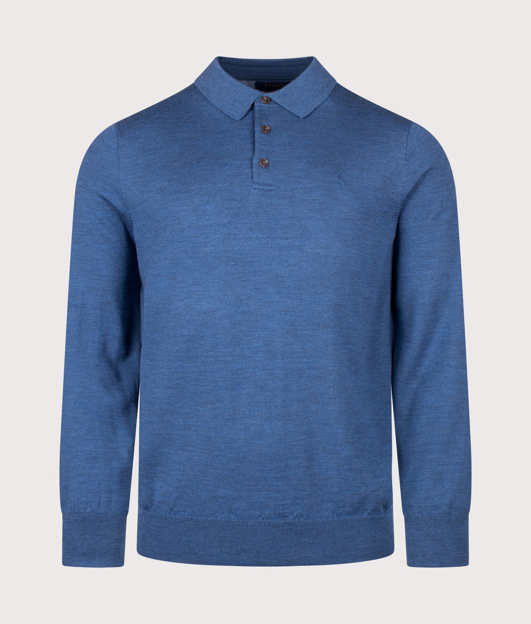 Polo Ralph Lauren Regular Fit Knitted Long Sleeve Polo Shirt in Clarity Blue Heather at EQVVS Menswear. Front shot.