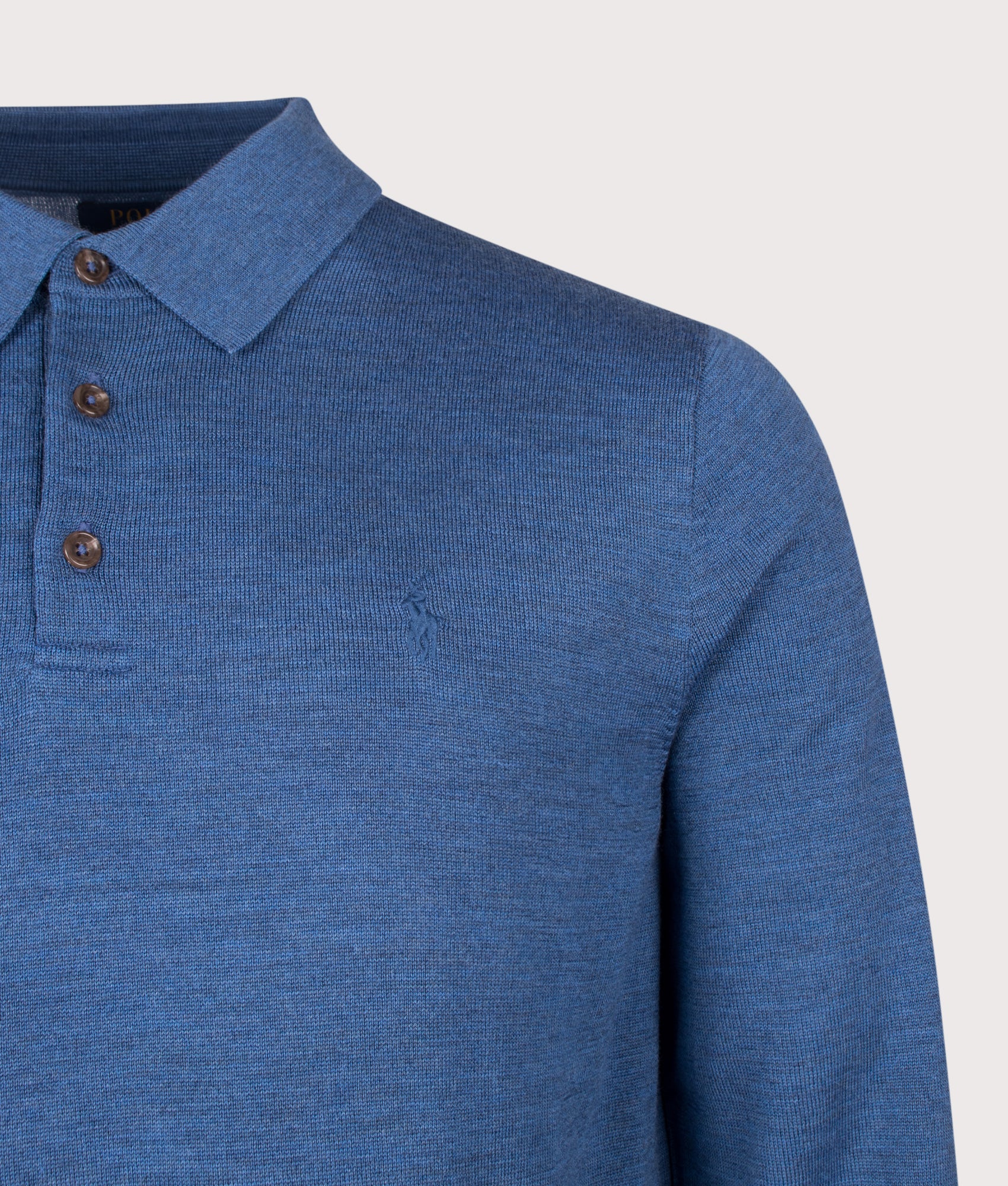 Polo Ralph Lauren Regular Fit Knitted Long Sleeve Polo Shirt in Clarity Blue Heather at EQVVS Menswear. Detail shot.