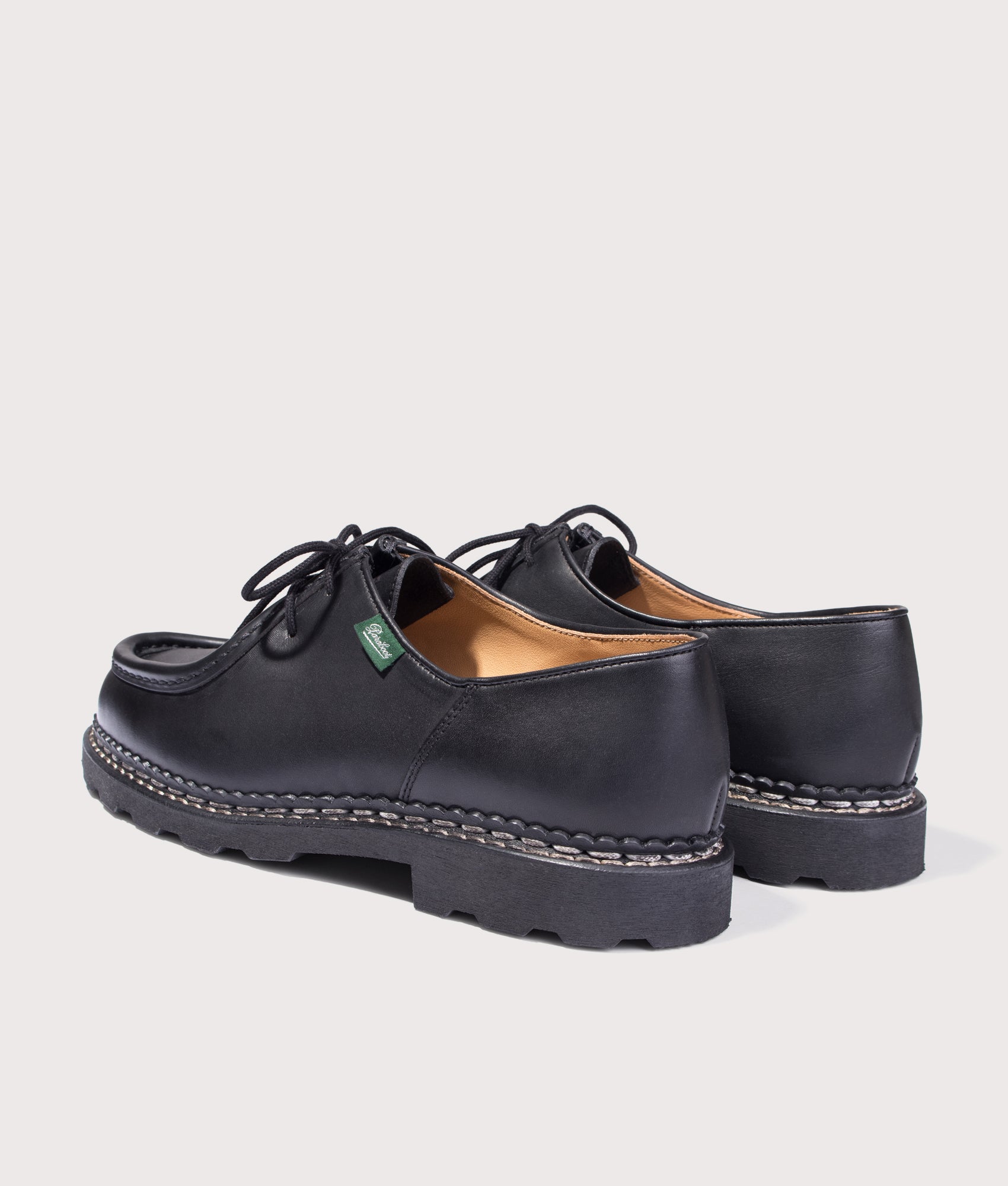 Paraboot Michael Smooth Leather Shoes in Black at EQVVS Menswear. Angled back shot.