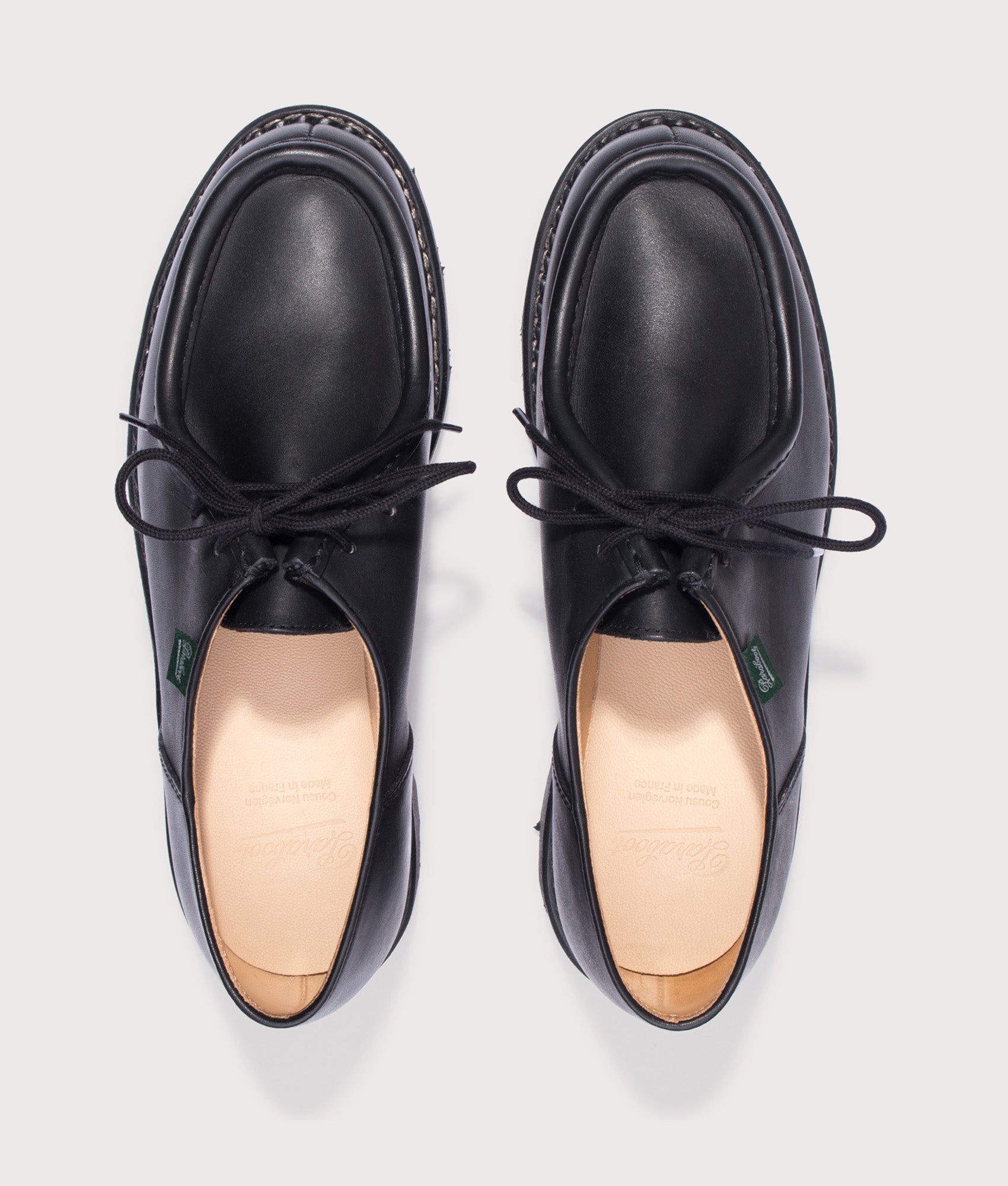 Paraboot Michael Smooth Leather Shoes in Black at EQVVS Menswear. Top shot.