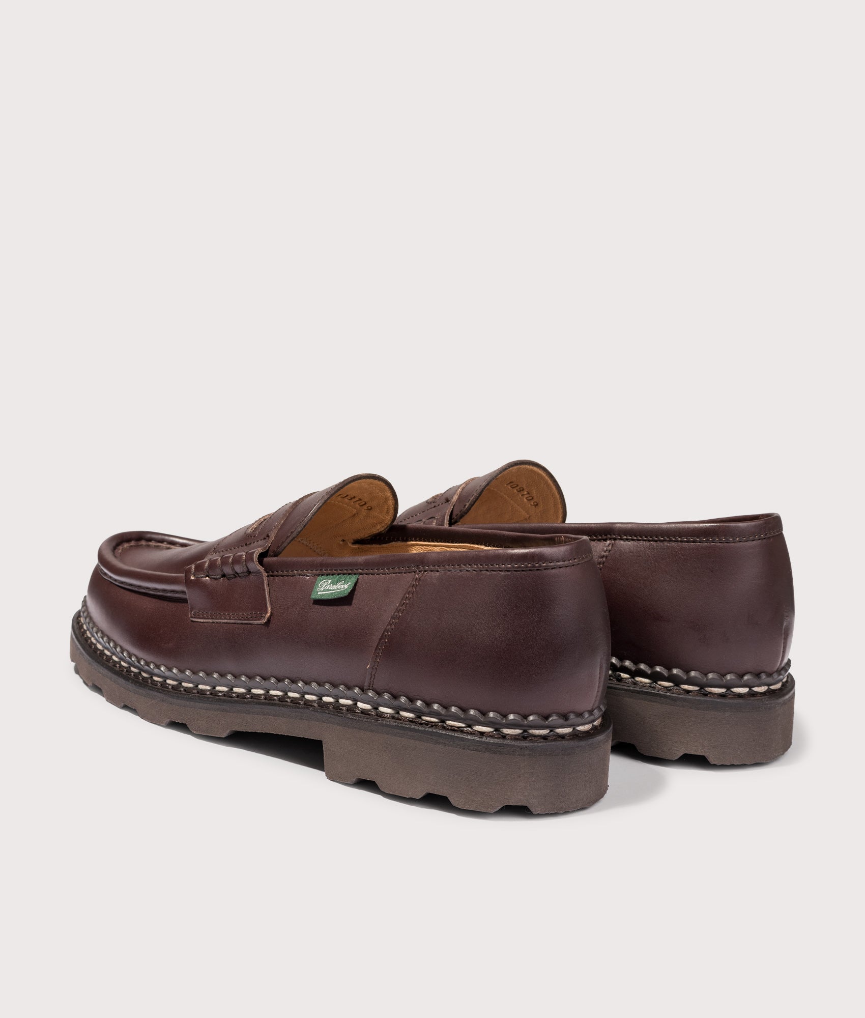 Paraboot Reims Smooth Leather Moccasins in Coffee at EQVVS Menswear. Angled back shot.