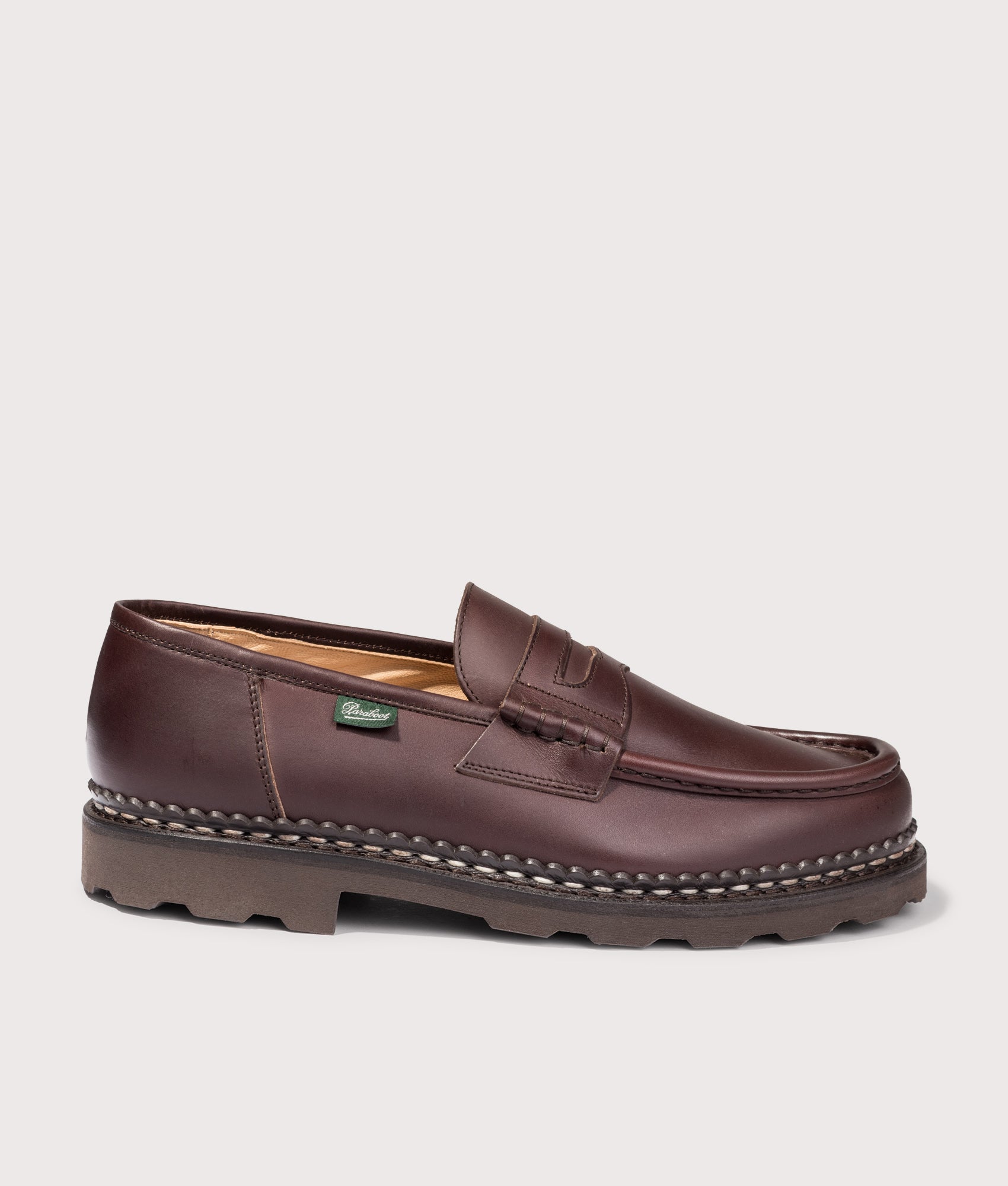Paraboot Reims Smooth Leather Moccasins in Coffee at EQVVS Menswear. Side shot.