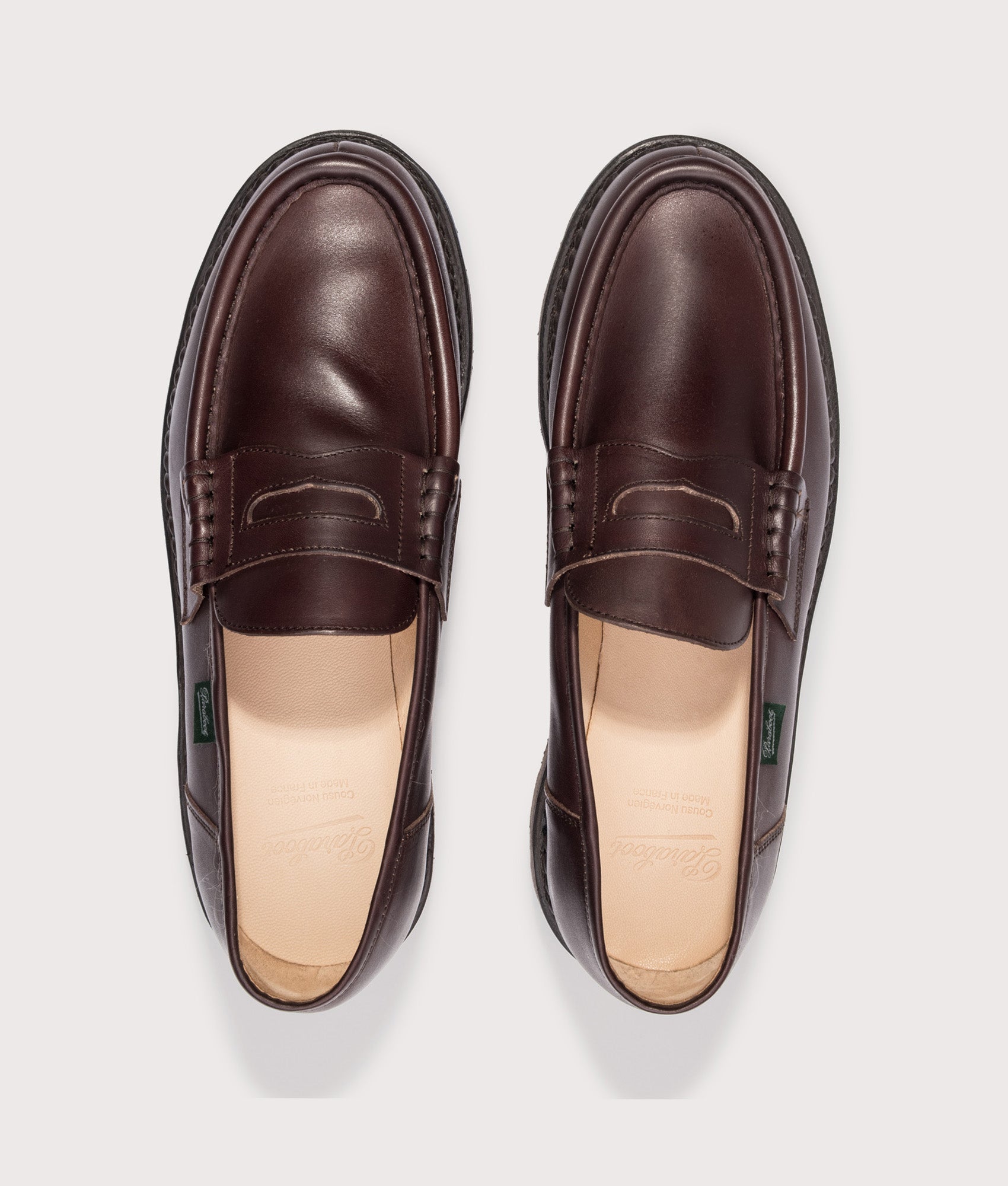 Paraboot Reims Smooth Leather Moccasins in Coffee at EQVVS Menswear. Top shot.