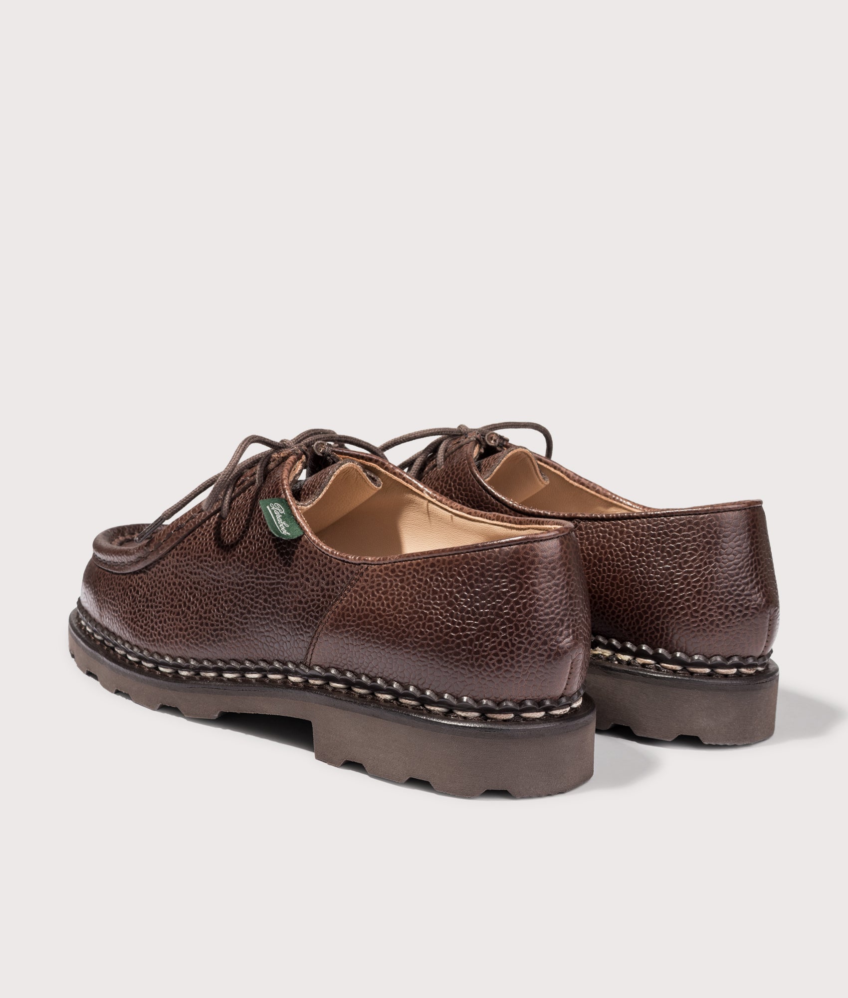 Paraboot Michael Grained Leather Shoes in Ebony at EQVVS Menswear. Angled back shot. 