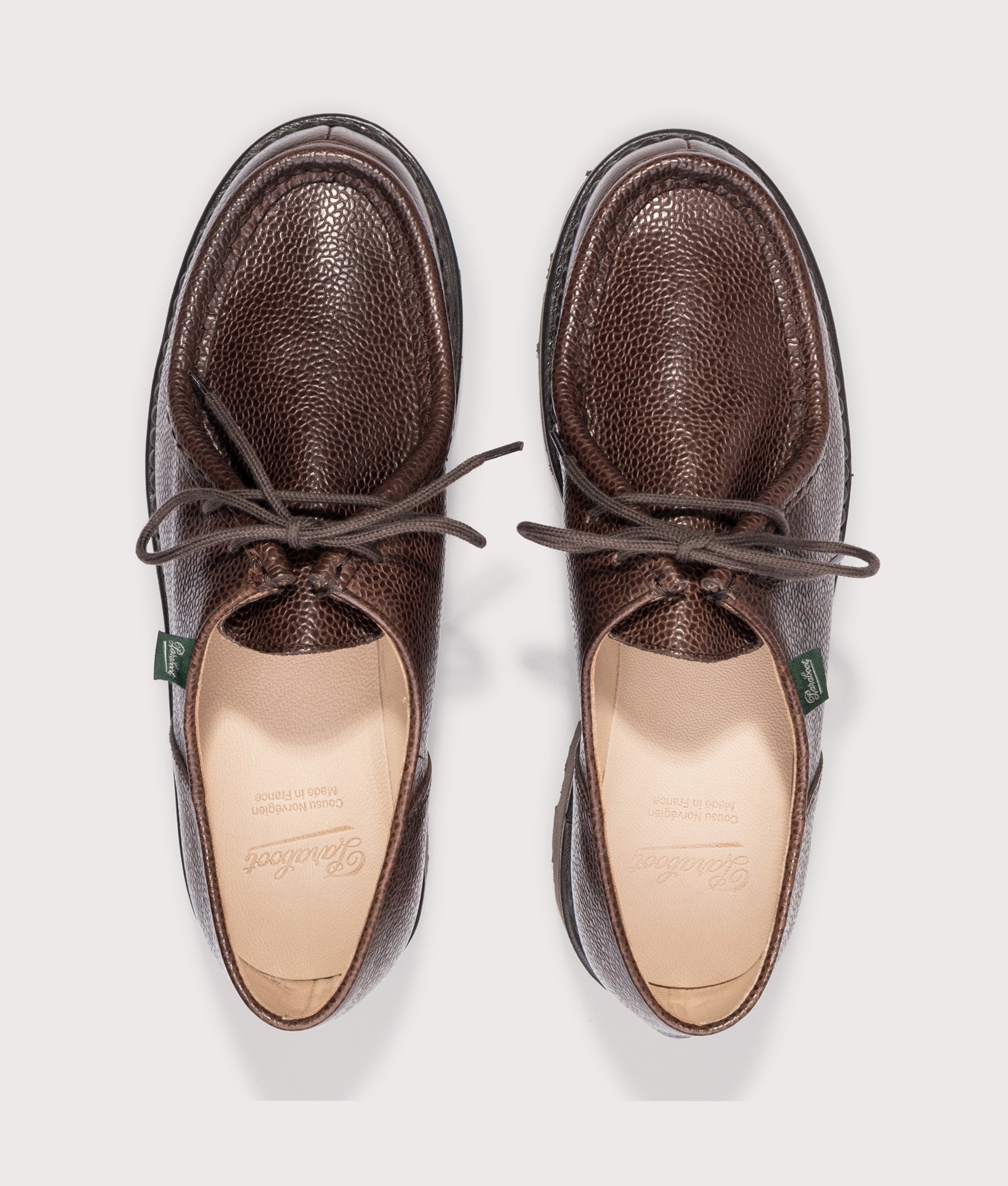 Paraboot Michael Grained Leather Shoes in Ebony at EQVVS Menswear. Top shot.