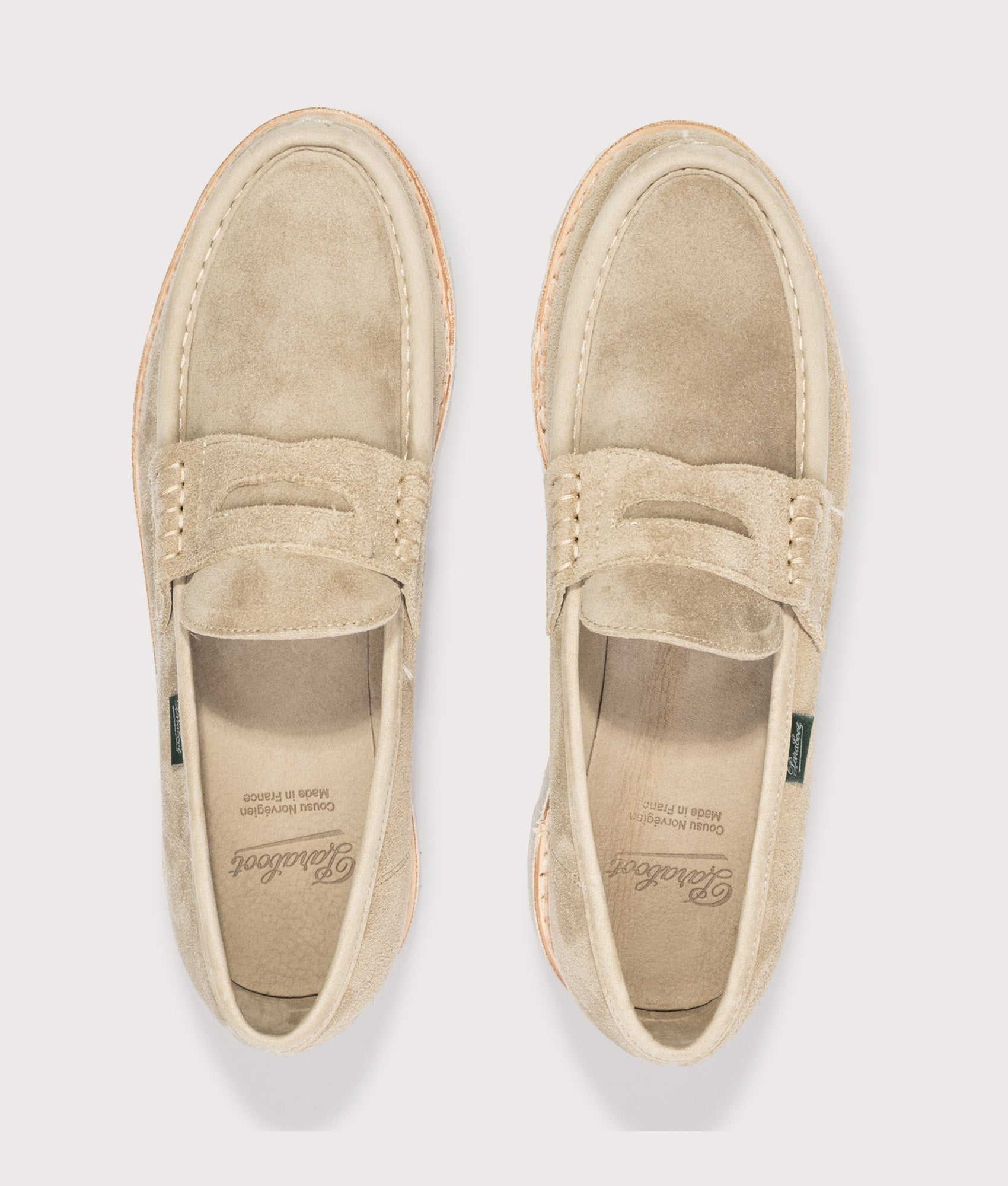 Paraboot Nantes Suede Leather Moccasins in Sand at EQVVS Menswear. Top shot.
