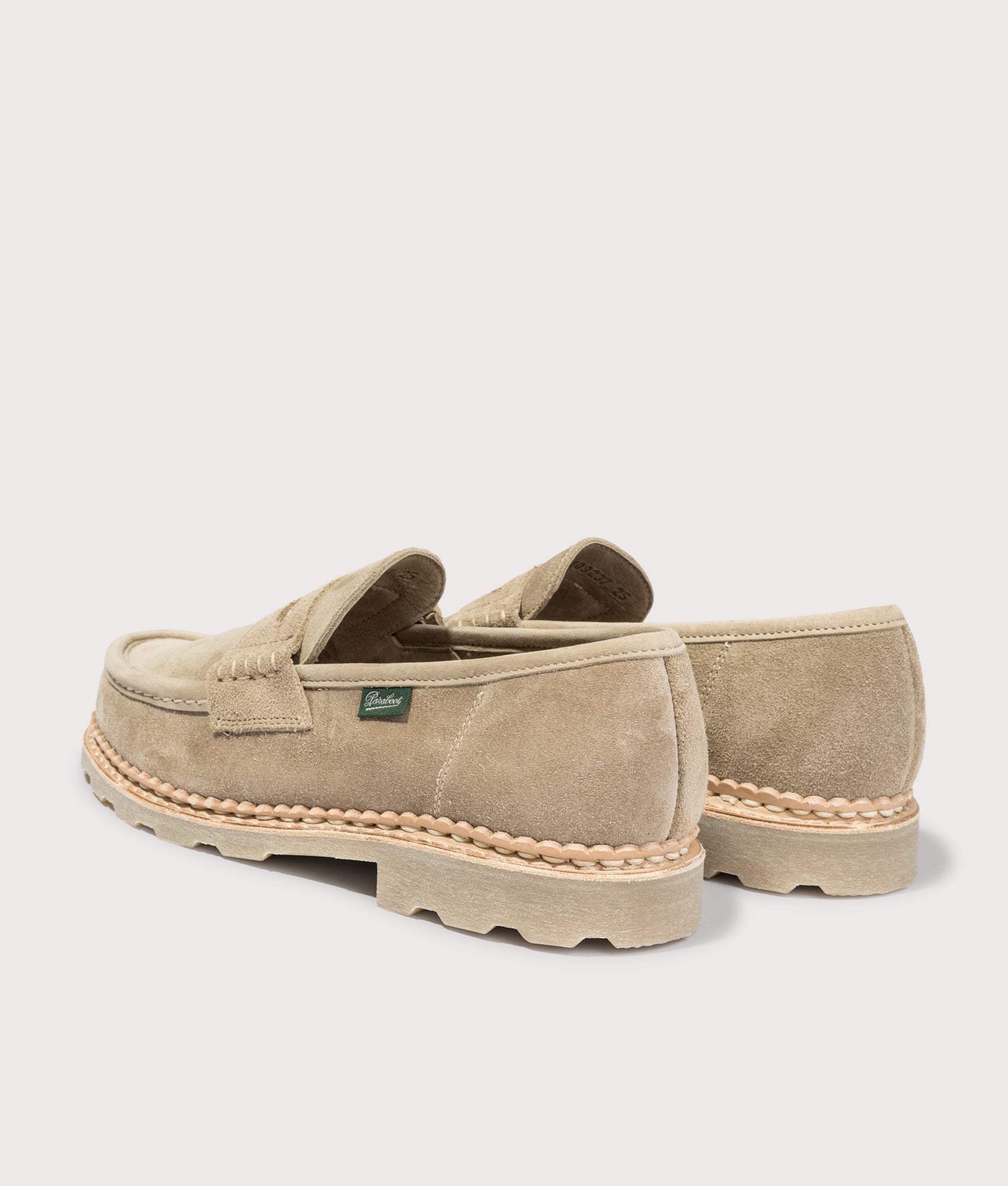 Paraboot Nantes Suede Leather Moccasins in Sand at EQVVS Menswear. Angled back shot.