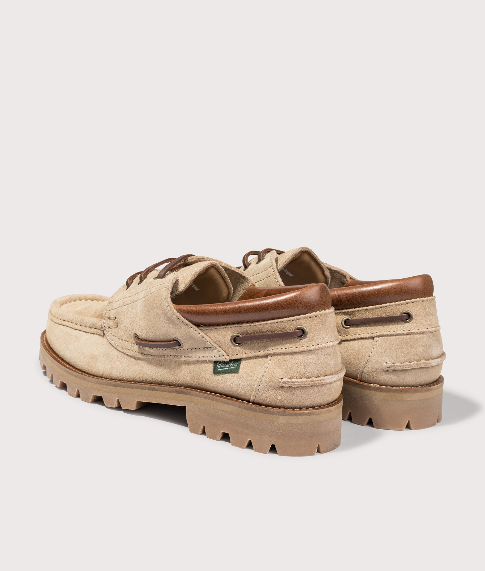 Paraboot Briac Suede Leather Shoes in Beige at EQVVS Menswear. Angled back shot.