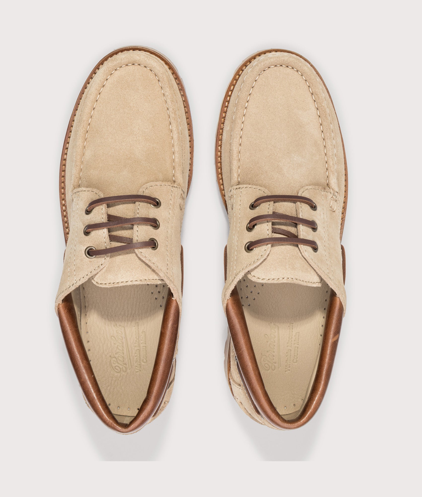 Paraboot Briac Suede Leather Shoes in Beige at EQVVS Menswear. Top shot.
