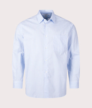 Check Shirt in white & Blue by Comme Des Garcons Shirt. EQVVS Front Angle Shot.