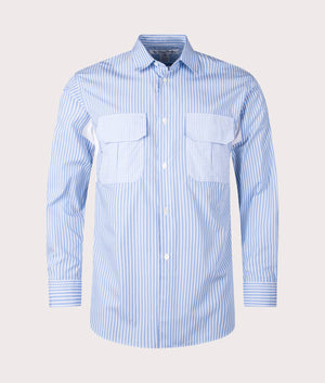 Striped Check Shirt in Blue by Comme Des Garcons Shirt. EQVVS Front Angle Shot.