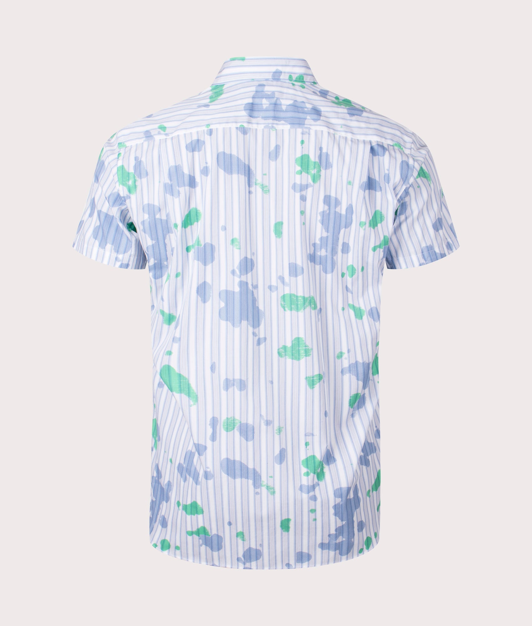 Short Sleeve Stripe Print Shirt in Blue by Comme Des Garcons Shirt. EQVVS Back Angle Shot.