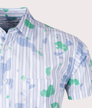 Short Sleeve Stripe Print Shirt in Blue by Comme Des Garcons Shirt. EQVVS Detail Shot.