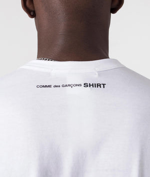 CDG Script Neck Logo T-Shirt in White. Detail shot at EQVVS.