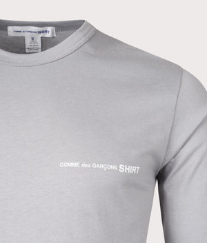 Script Chest Logo Long Sleeve T-Shirt in Grey by Comme des Garcons Shirt. EQVVS Detail Shot.