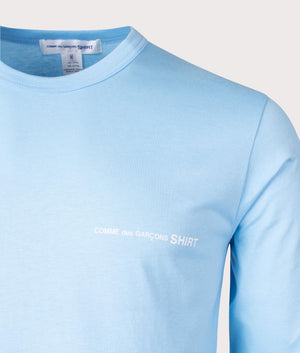 Script Chest Logo Long Sleeve T-Shirt in Blue by Comme Des Garcons. EQVVS Detail Shot.