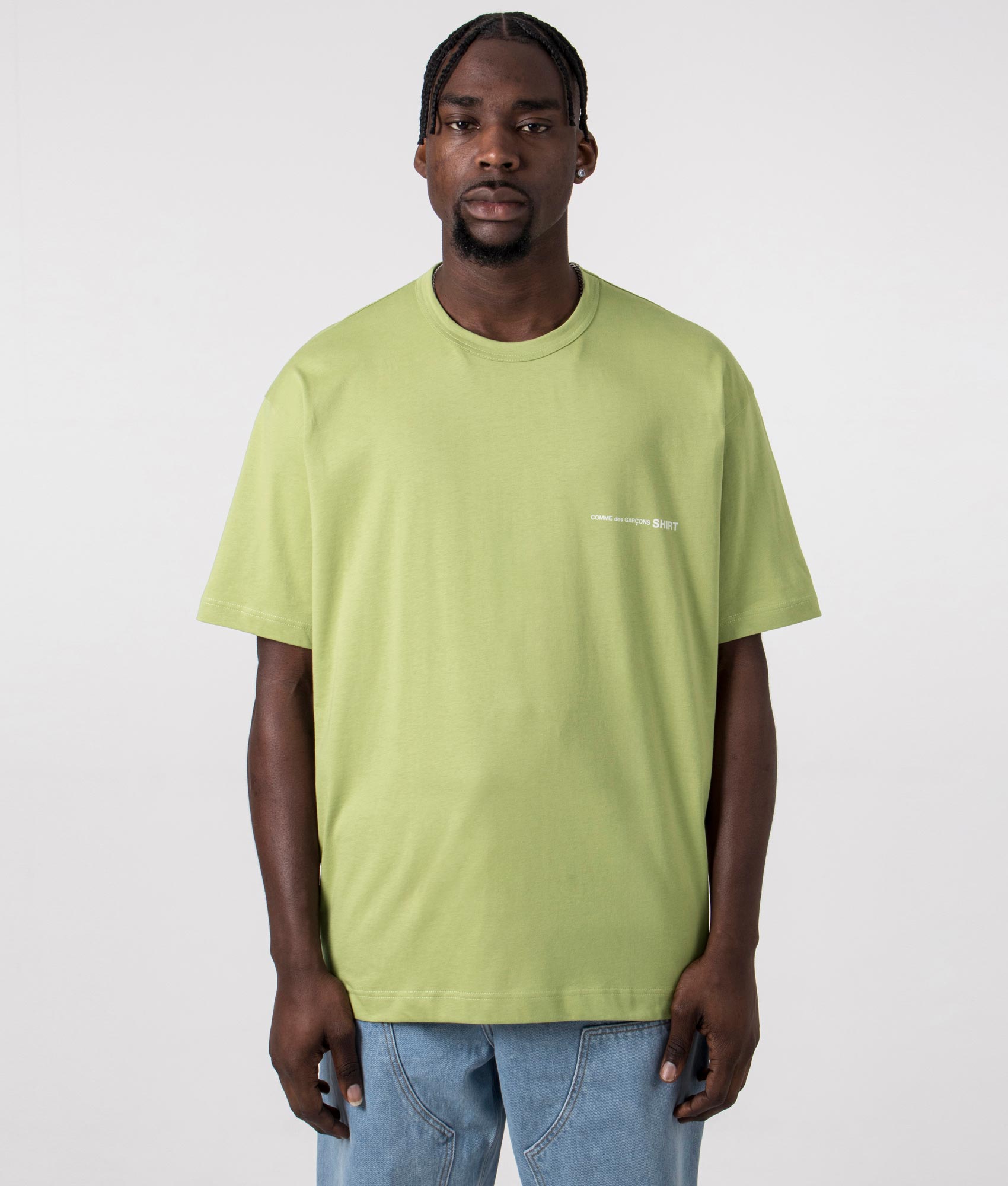 Script Chest Logo T-Shirt in Khaki by Comme Des Garcons. EQVVS Front Angle Shot.