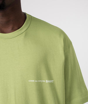 Script Chest Logo T-Shirt in Khaki by Comme Des Garcons. EQVVS Detail Shot.