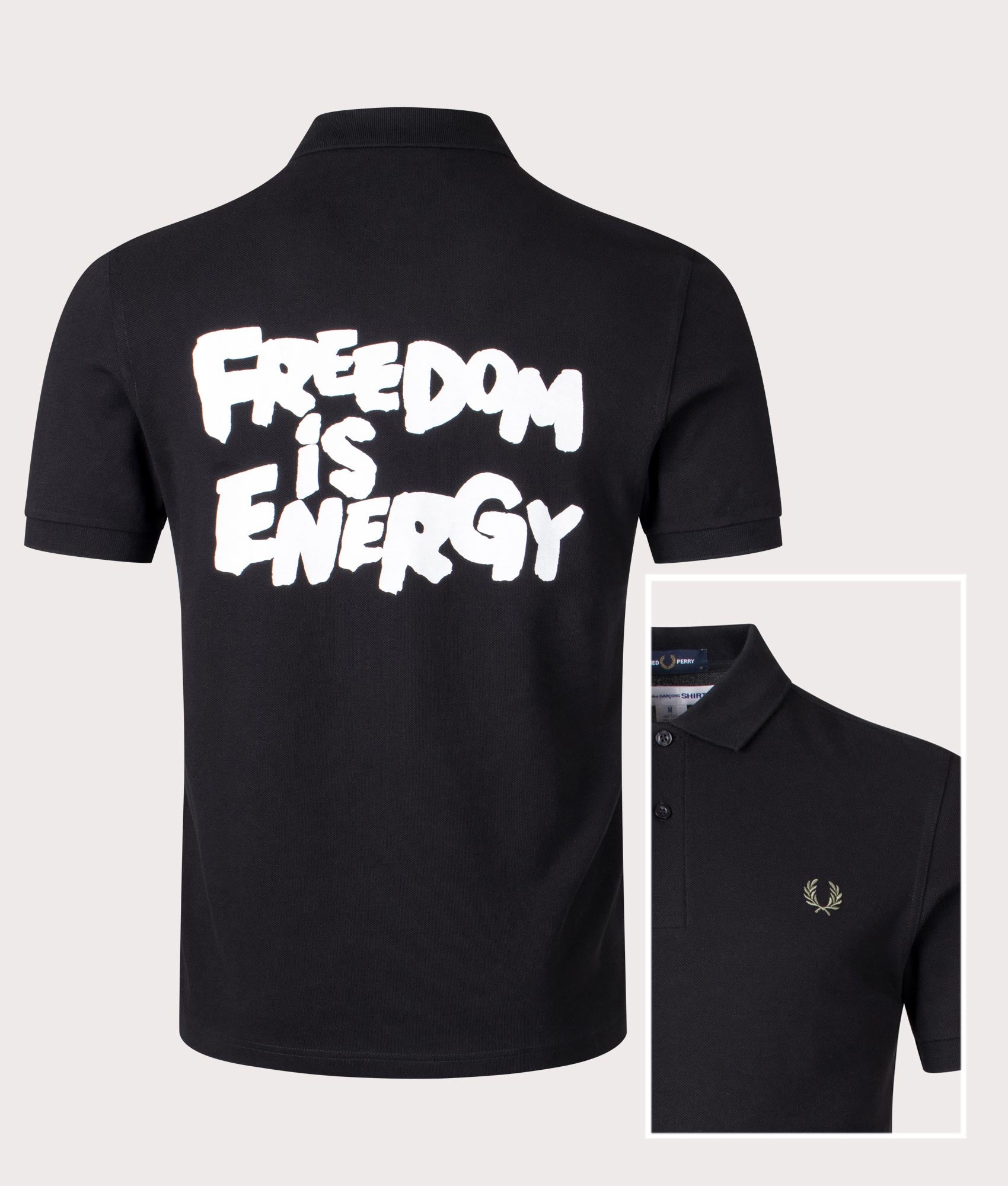 COMME des GARÇONS x Fred Perry Freedom Polo Shirt in Black at EQVVS Menswear Front/detail Shot