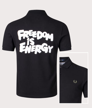 COMME des GARÇONS x Fred Perry Freedom Polo Shirt in Black at EQVVS Menswear Front/detail Shot