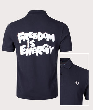 COMME des GARÇONS x Fred Perry Freedom Polo Shirt in Navy at EQVVS Menswear Front/detail Shot