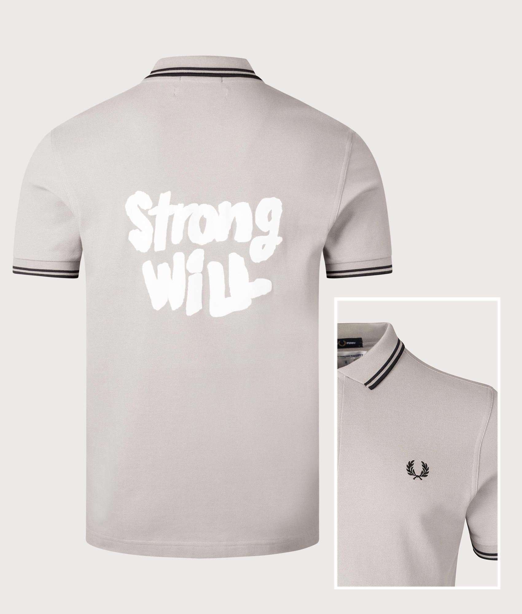 COMME des GARÇONS x Fred Perry Strong Will Polo Shirt. Shot by EQVVS. Front/Detail shot.