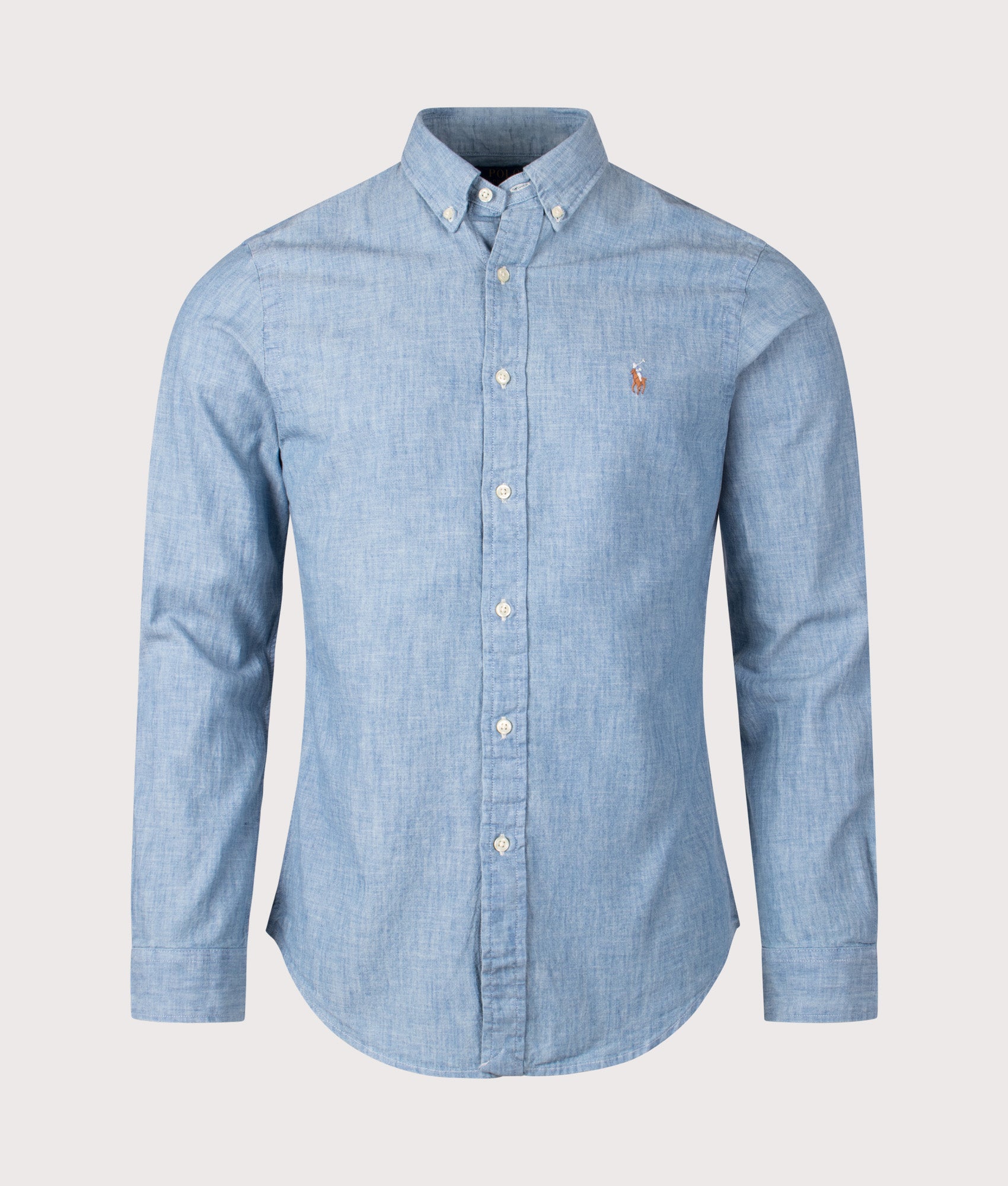Polo Ralph Lauren Slim Fit Chambray Shirt in Chambray at EQVVS Menswear. Font shot.