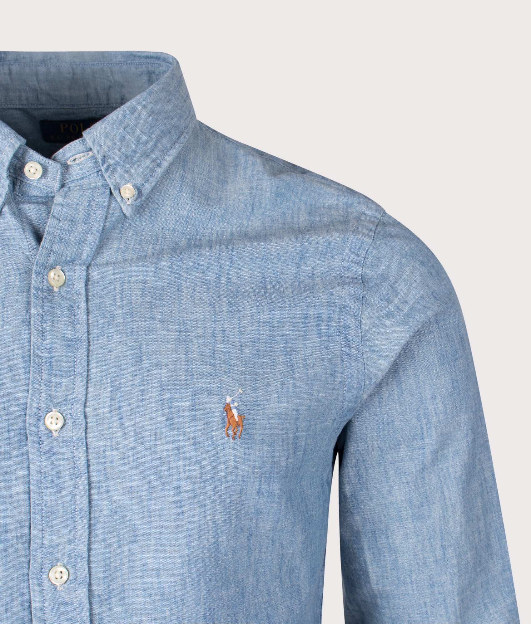 Polo Ralph Lauren Slim Fit Chambray Shirt in Chambray at EQVVS Menswear. Font detail shot.