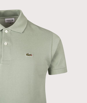 Classic Fit L1212 Croc Logo Polo Shirt by Lacoste in Thyme. Shot by EQVVS. Front detail shot.