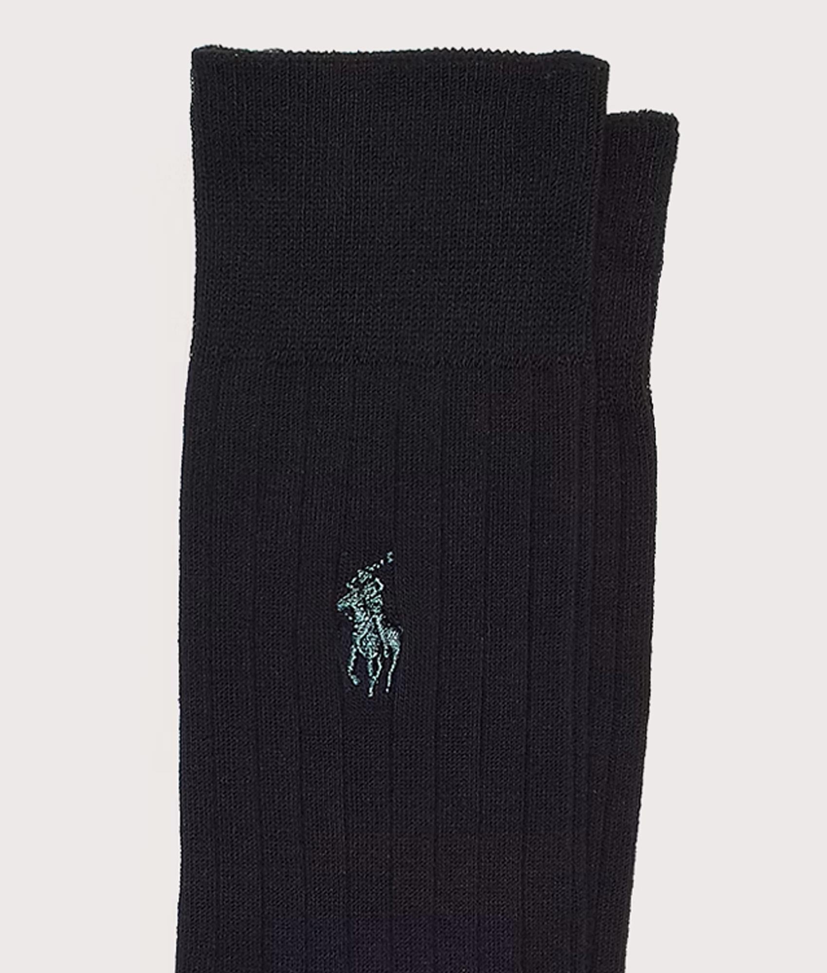 Polo Ralph Lauren Ribbed Trouser Socks in Black at EQVVS Menswear. Detail shot.