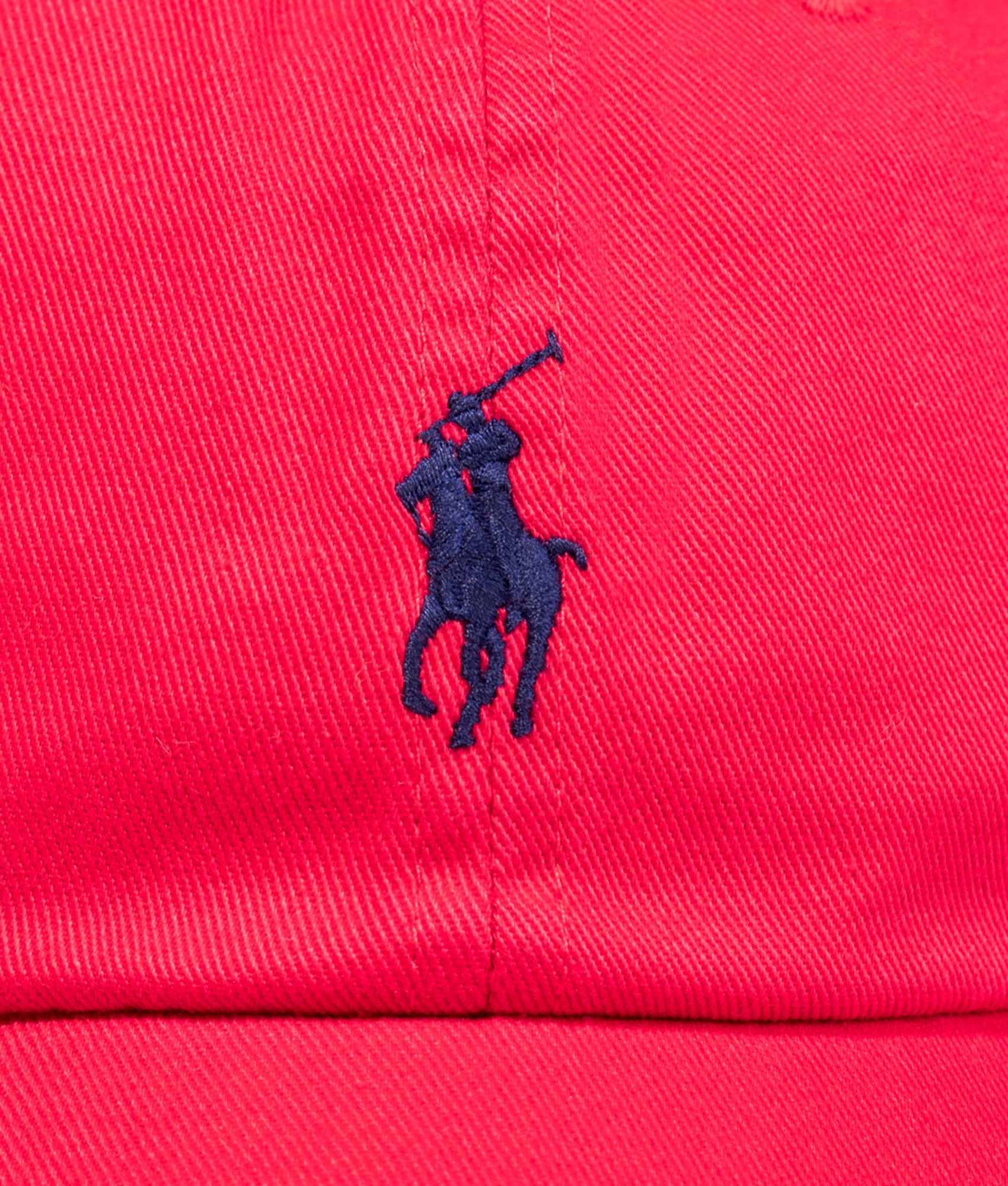 Polo Ralph Lauren Cotton Chino Baseball Cap in Red and Blue at EQVVS Menswear. Detail shot.