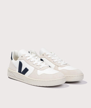 VEJA V-10 B-Mesh Trainers in White and Nautico Blue Angle Shot at EQVVS