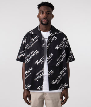 DIscover the KENZO by Verdy Boxy Shirt in Black with White Kenzo Brandings, 100% Cotton Front Opened Shot at EQVVS