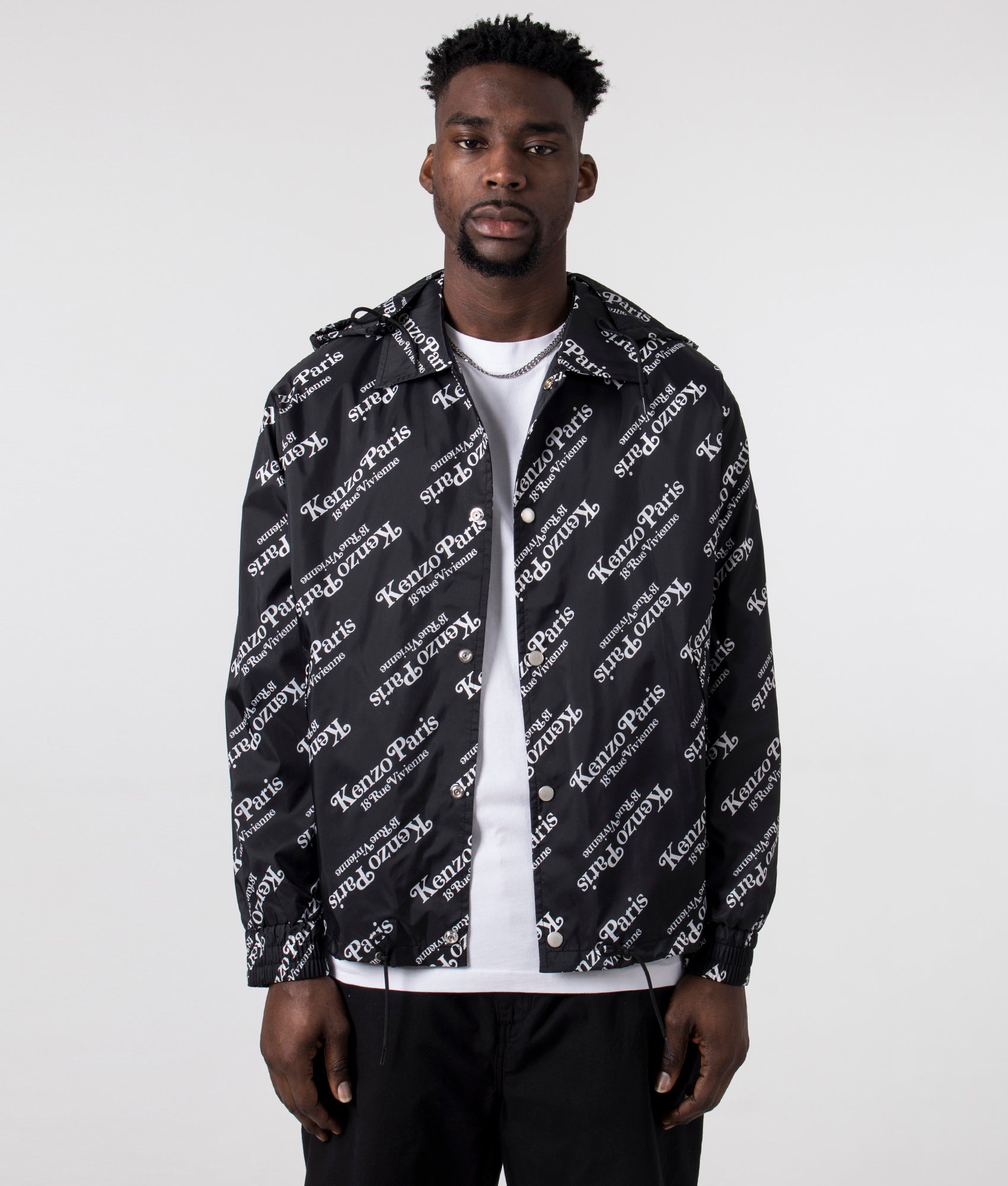 CP Company KENZO by Verdy Short Windbreaker in Black with White Branding, 100% Nylon Unbuttoned Shot at EQVVS