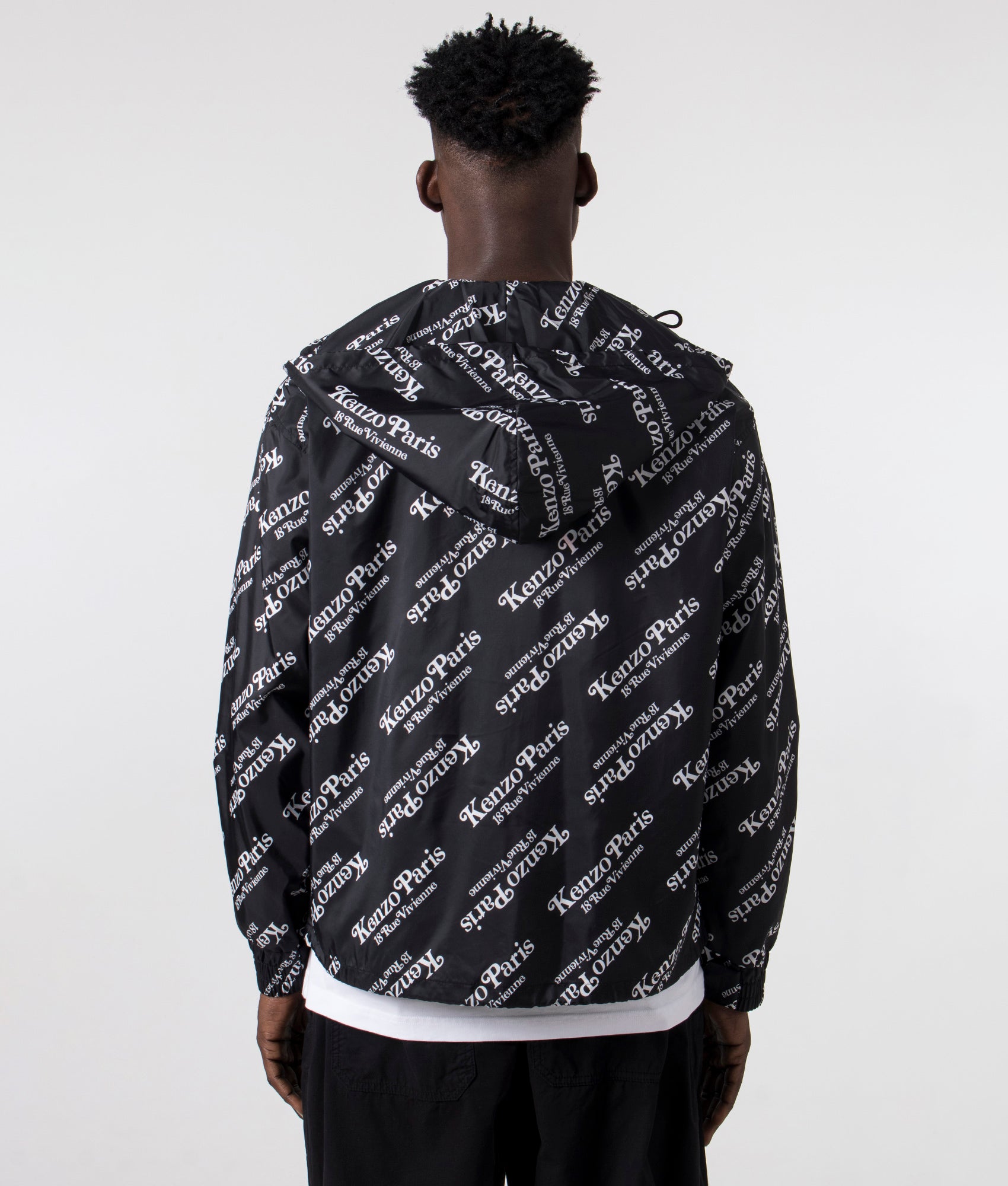 CP Company KENZO by Verdy Short Windbreaker in Black with White Branding, 100% Nylon Back Shot at EQVVS