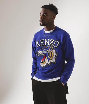 Kenzo Embroidered Tiger Sweatshirt in Color 75 Deep Sea Blue Campaign shot at EQVVS