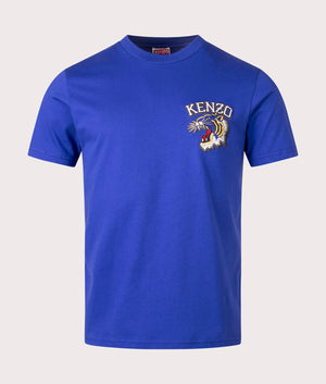 Kenzo Slim Fit Tiger Varsity T-Shirt in 75 deep sea blue front shot at EQVVS