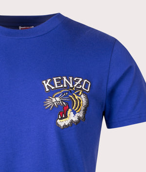 Kenzo Slim Fit Tiger Varsity T-Shirt in 75 deep sea blue detail shot at EQVVS
